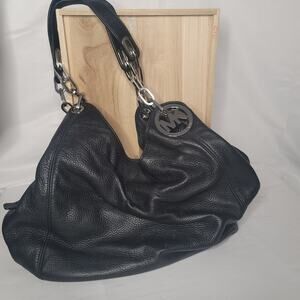 Michael Kors Black Women Fulton Black Shoulder Handbag Pebbled Leather